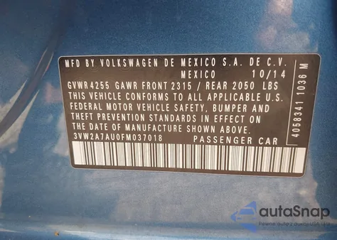 2015 Volkswagen Golf Tdi S 4-Door z USA, uszkodzony, nr VIN 3VW2A7AU0FM037018